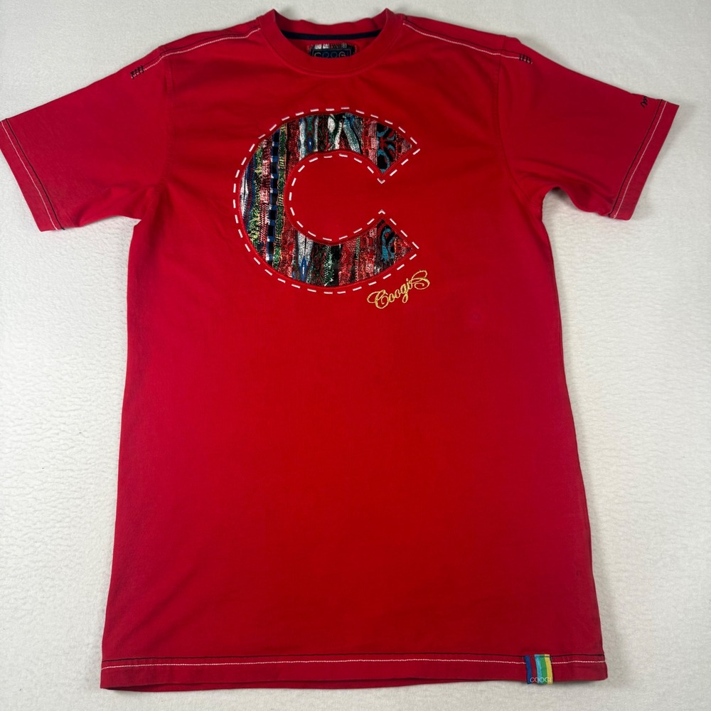 Coogi Big‎ C Knit Applique T-Shirt Mens XL Red Cotton Y2K Hip Hop Streetwear Tee